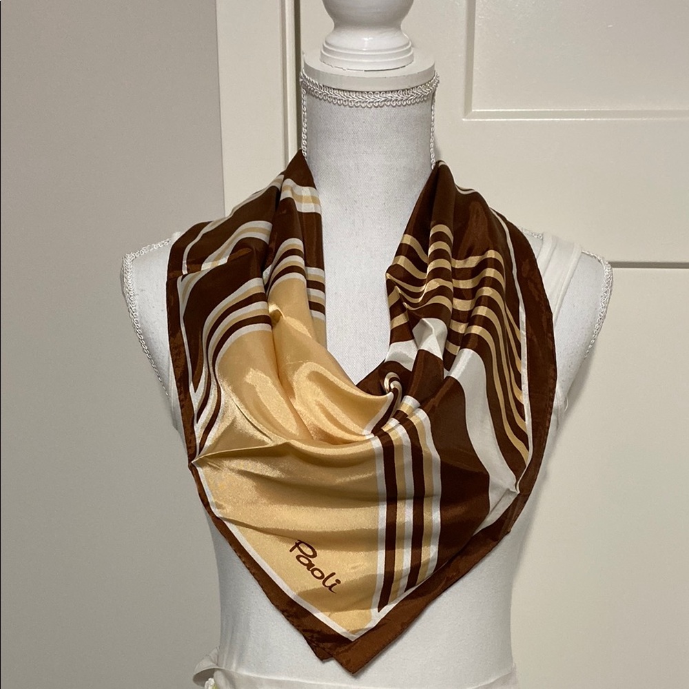 Vintage Retro Mod 1970’s Paoli Brown & Cream “Old Money” Diagonal Striped Scarf!